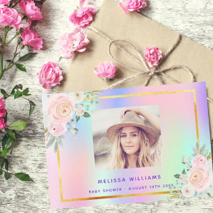Carte De Remerciements Baby shower rose violet photo arc-en-ciel floral