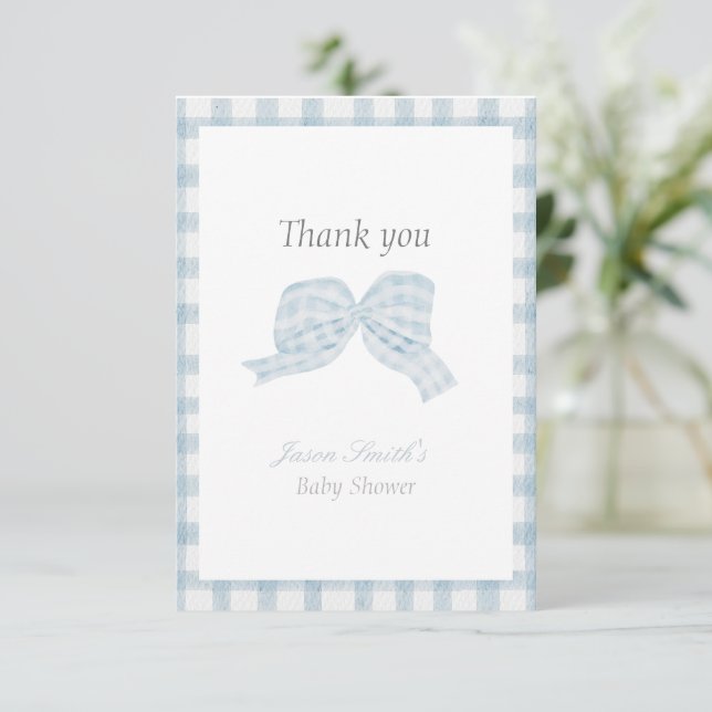 Carte De Remerciements Baby shower ruban bleu mou (Debout devant)