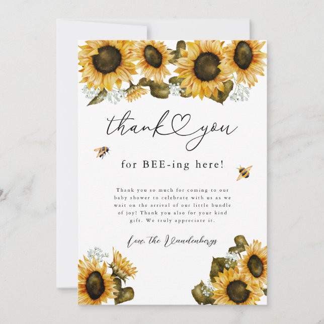 Carte De Remerciements Baby shower rustique Bee Yellow Sunflowers (Devant)