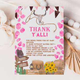 Carte De Remerciements Baby shower rustique de vache rose occidentale