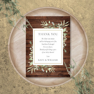 Carte De Remerciements Baby shower rustique en bois vert poème