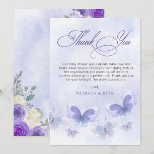 Carte De Remerciements Baby shower Rustique Floral Purple Lilac Butterfli