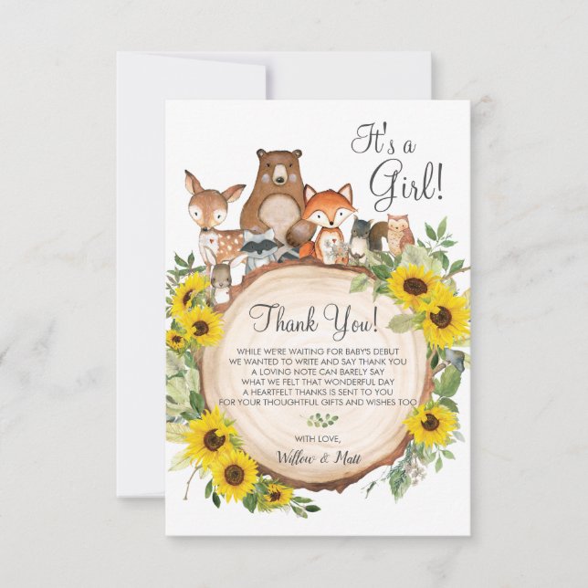 Carte De Remerciements Baby shower Rustique Tournesol Bois Animaux (Devant)