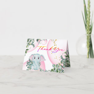 Carte De Remerciements Baby shower Safari Eléphant Rose Eucalyptus