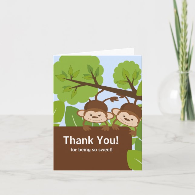 Carte De Remerciements Baby shower Safari Monkey Twins (Devant)