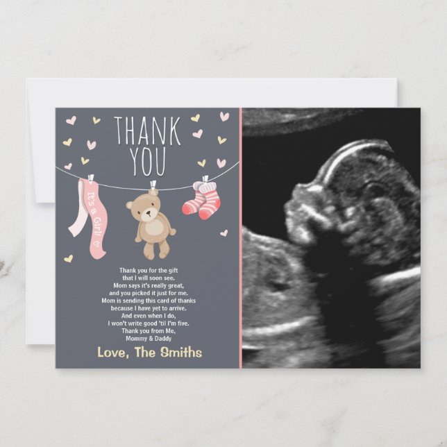 Carte De Remerciements Baby shower Teddy Bear rose (Devant)
