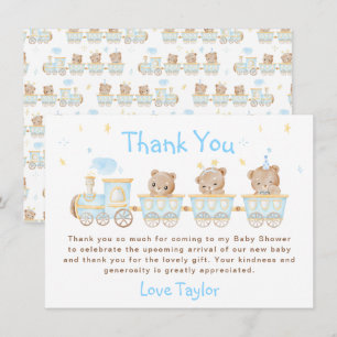 Carte De Remerciements Baby Shower Train Bleu Ours