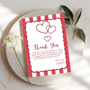 Carte De Remerciements Baby Shower Triple Cœurs Rouges Rayures Craie Mode