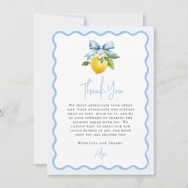 Carte De Remerciements Baby shower vague méditerranéen Coquette Lemon (Devant)
