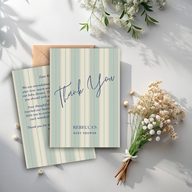 Carte De Remerciements Baby shower vintage bleu Dusty rayures rétro (Dusty blue retro stripes vintage baby shower thank you cards stripped thank you cards)