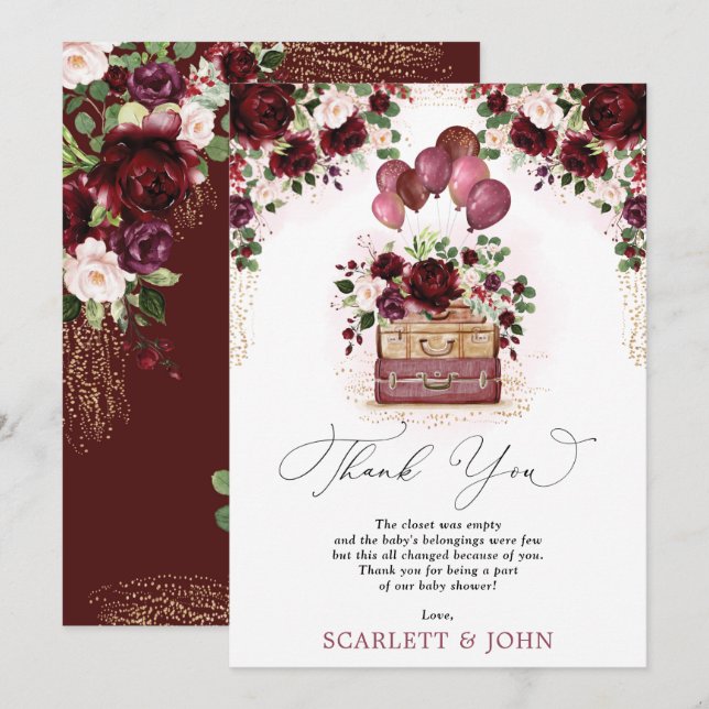 Carte De Remerciements Baby Shower Voyage Fleurs Rouge Bourgogne et Rose  (Devant / Derrière)