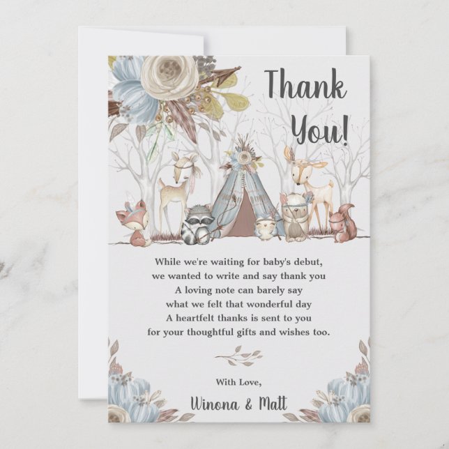 Carte De Remerciements Baby shower Whimsical Tribal Boho Woodland Animaux (Devant)