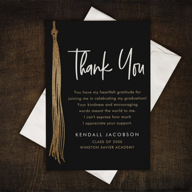Carte De Remerciements Bac de diplôme Tassel Or Noir moderne (Elegant Grad Cap tassel gold black thank you card.)