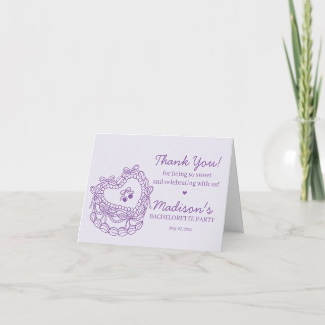 Carte De Remerciements Bachelorette au gâteau Coquette Coeur Rétro Bow (Devant)