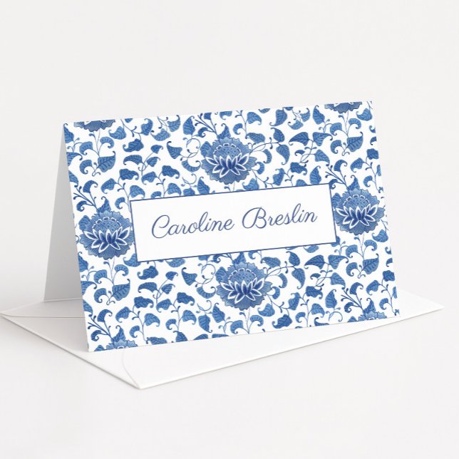 Carte De Remerciements Bain de Mariage Chinoiserie Chic Bleu et Blanc (Hand painted blue and white lotus flower chinoiserie pattern thank you card or personal stationery)