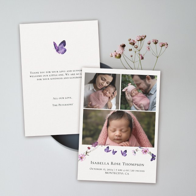 Carte De Remerciements Baisers à papillon Fleur sauvage Photo Bébé fille  (butterflies wildflowers baby announcement shower thank you card purple pink 3 photo templates)