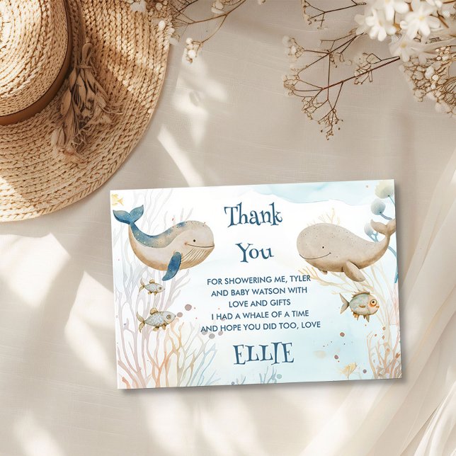 Carte De Remerciements Baleine Baby shower Bleu Beige Aquarelle (Thank You card from the Whale Baby Shower Collection by Darling & May)