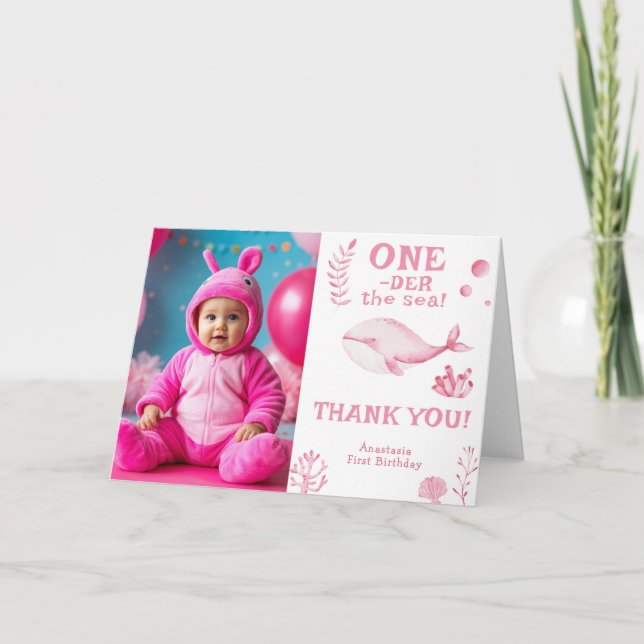 Carte De Remerciements Baleine rose au-dessus de la mer 1er anniversaire (Devant)