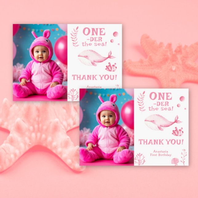 Carte De Remerciements Baleine Rose Oneder la Mer 1er Anniversaire  (Créateur téléchargé)