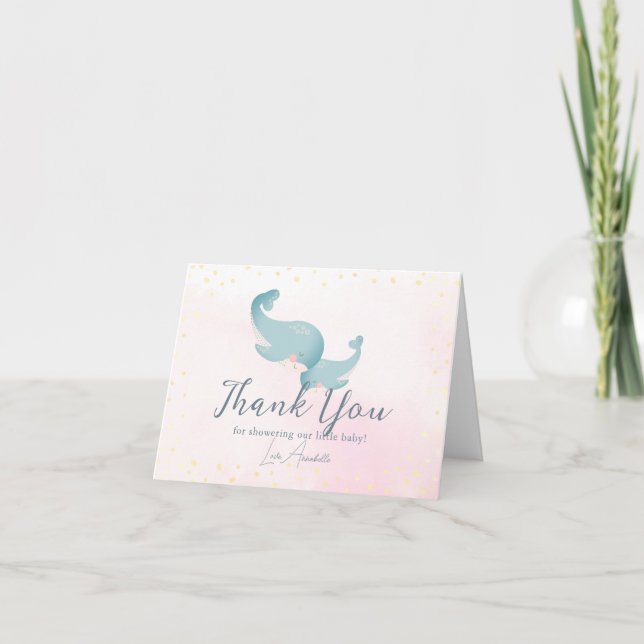Carte De Remerciements Baleines Aquarelle rose Baby shower fille (Devant)
