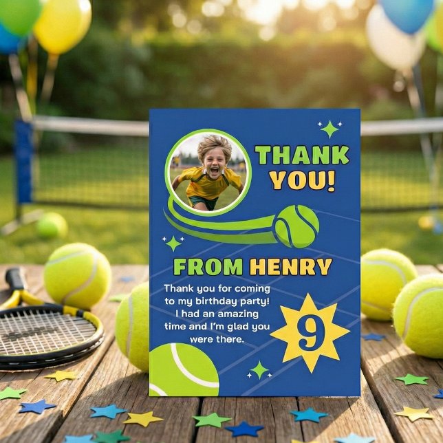 Carte De Remerciements Balle de Tennis Moderne Bleue Anniversaire Enfants (Créateur téléchargé)
