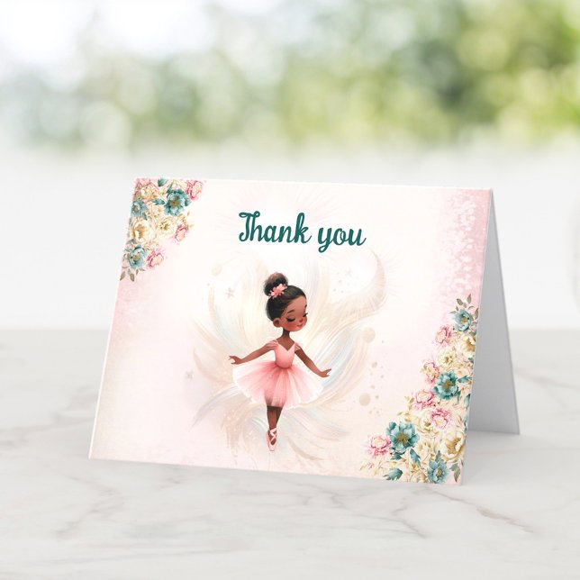 Carte De Remerciements Ballerina Peau foncée rose Turquoise Floral Annive (Ballerina Dark Skin Pink Teal Floral Birthday Thank You Card)
