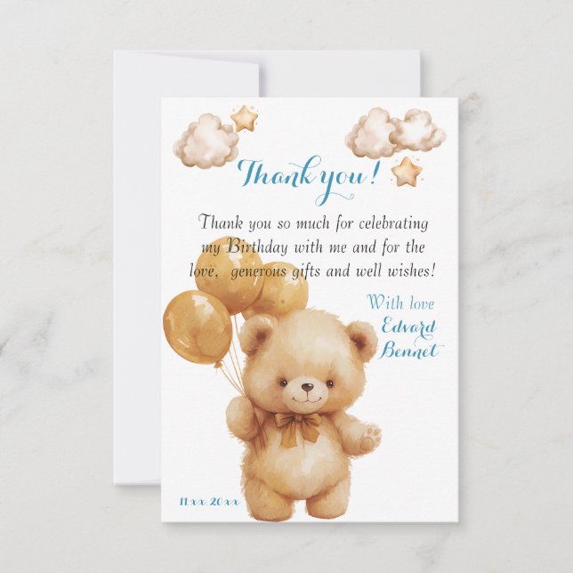 Carte De Remerciements Ballon Beige Ours en Peluche  (Devant)