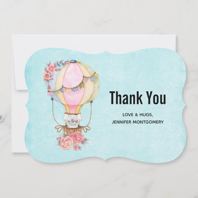 Carte De Remerciements Ballons à air chaud mignon avec aquarelle à ours (Devant)