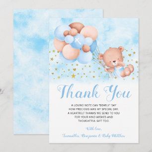 Carte De Remerciements Ballons Bleus Ours Teddy Or Étoiles Baptême