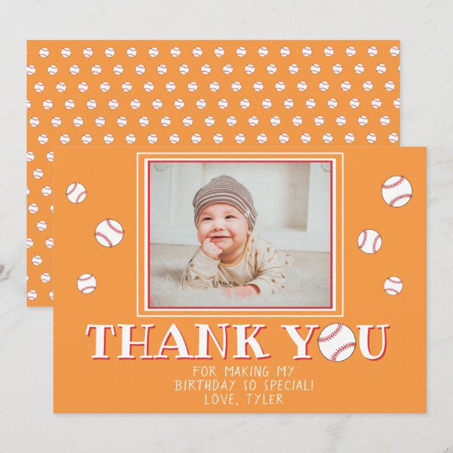 Carte De Remerciements Ballons de baseball mignon Orange Photo Anniversai (Devant / Derrière)