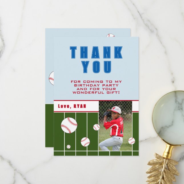 Carte De Remerciements Ballons de baseball Photo Anniversaire de enfant p (Devant/Arrière en situation)