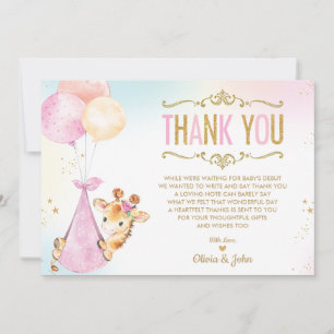 Carte De Remerciements Ballons de Giraffe mignonne Baby shower fille saup