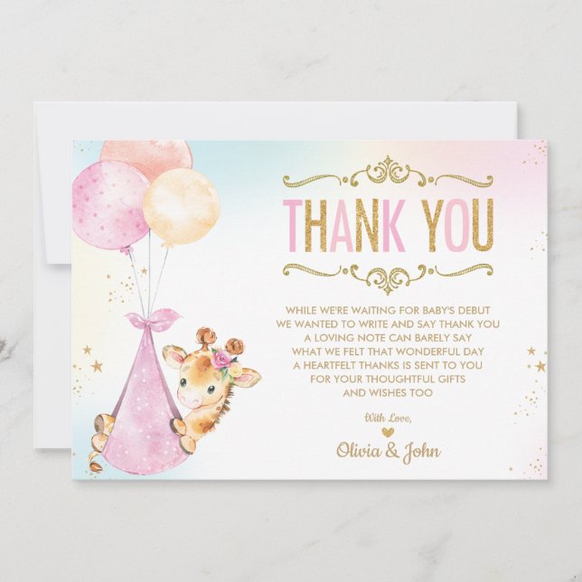 Carte De Remerciements Ballons de Giraffe mignonne Baby shower fille saup (Devant)