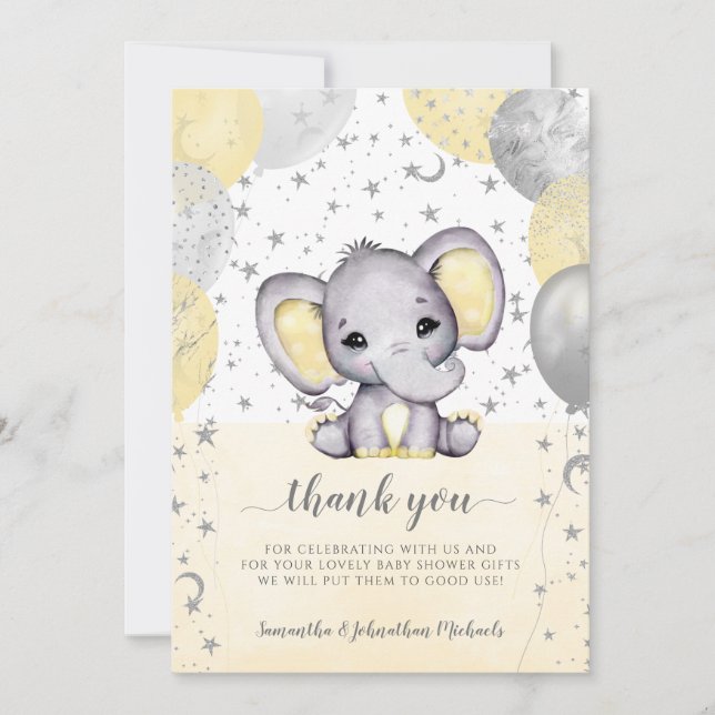 Carte De Remerciements Ballons d'éléphant à Baby shower jaune mignon (Devant)