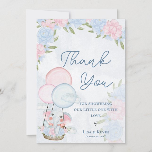 Carte De Remerciements Ballons d'éléphant mignons Baby shower floral rose (Devant)