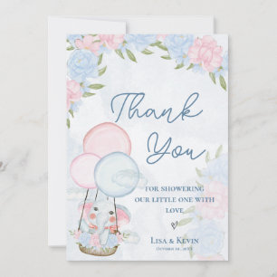 Carte De Remerciements Ballons d'éléphant mignons Baby shower floral rose