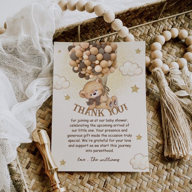 Carte De Remerciements Ballons d'ours Baby shower Brown Neutre Boho (Créateur téléchargé)