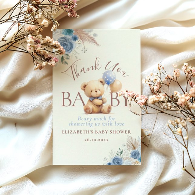 Carte De Remerciements Ballons d'ours en peluche mignon Boho bleu Rose Fl (Créateur téléchargé)