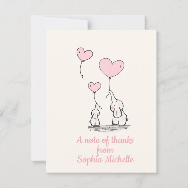 Carte De Remerciements Ballons et éléphants élégants de coeur de rose de (Devant)