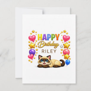 Carte De Remerciements Ballons et Étoiles de Chat Siamois Joyeux Annivers