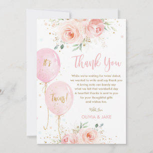 Carte De Remerciements Ballons Floraux Rose-Noir Baby shower Gold Twins
