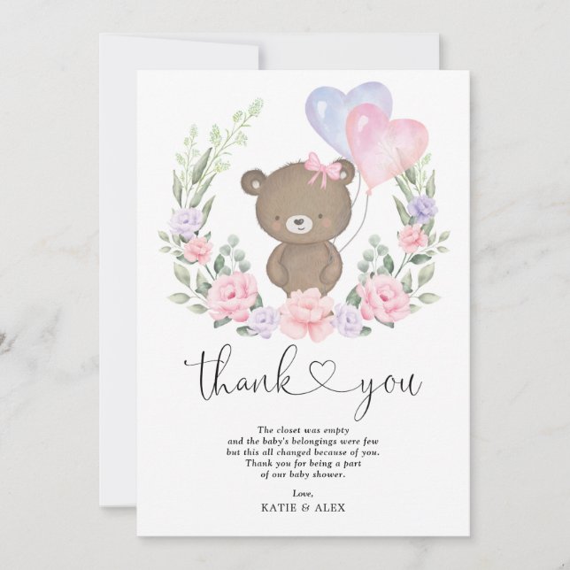 Carte De Remerciements Ballons floraux violets de l'ours en peluche (Devant)