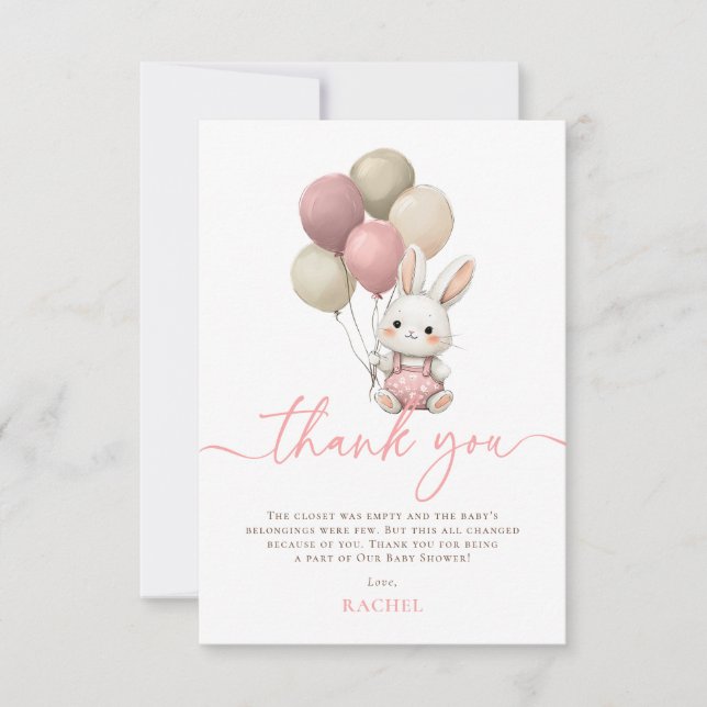 Carte De Remerciements Ballons lapin lapin Baby shower fille rose (Devant)