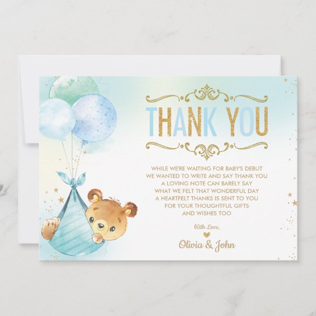 Carte De Remerciements Ballons Ourson Garçon Fête Prénatale Gâteau Baby S (Devant)