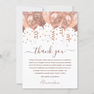 Carte De Remerciements Ballons roses Gold Rose 13e fête d'anniversaire