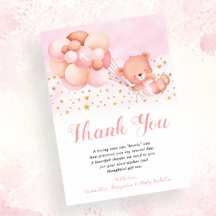 Carte De Remerciements Ballons roses Ours Teddy Gold Stars Baptême