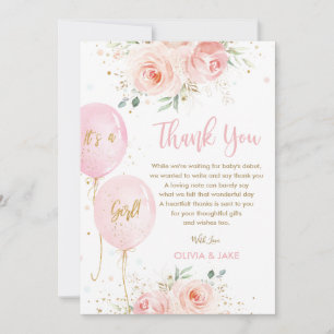 Carte De Remerciements Balloons Floraux Rose Bleus Baby shower Gold Girl