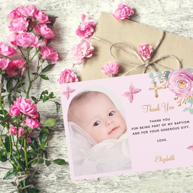 Carte De Remerciements Baptême arche photo blush rose fille floral (Créateur téléchargé)