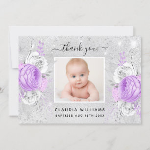 Carte De Remerciements Baptême argent violet fleurs photo fille