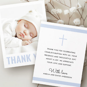 Carte De Remerciements Baptême blanc bleu poussiéreux moderne photo de ba